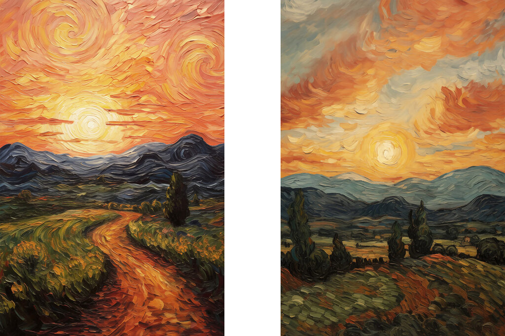 Painting of a road and mountains