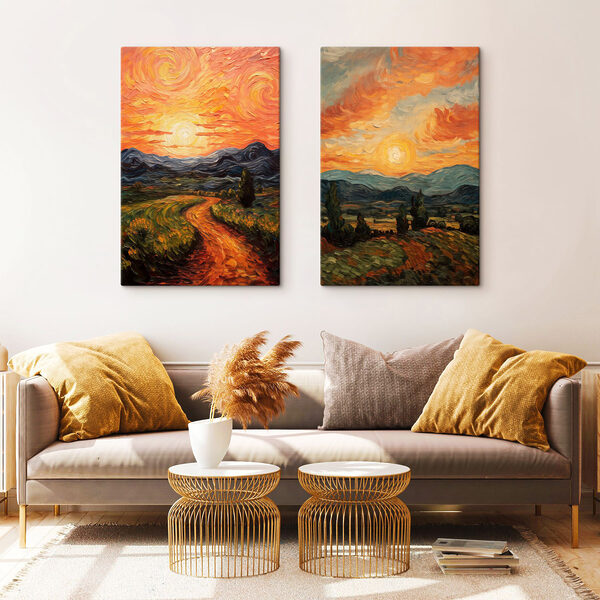 Painting of a road and mountains