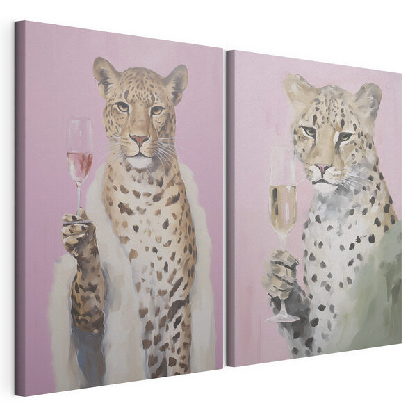Modulaire canvasprint Schilderij van een cheeta met een glas wijn in zijn poot