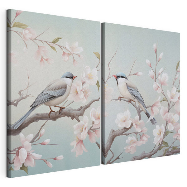 Modulaire canvasprint Een paar vogels op een tak met bloemen