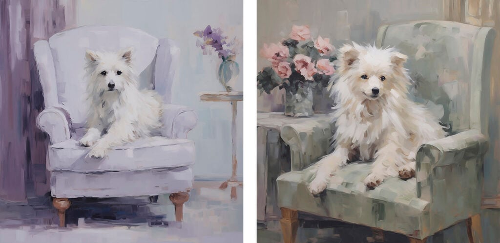 Painting of a dog sitting on a chair