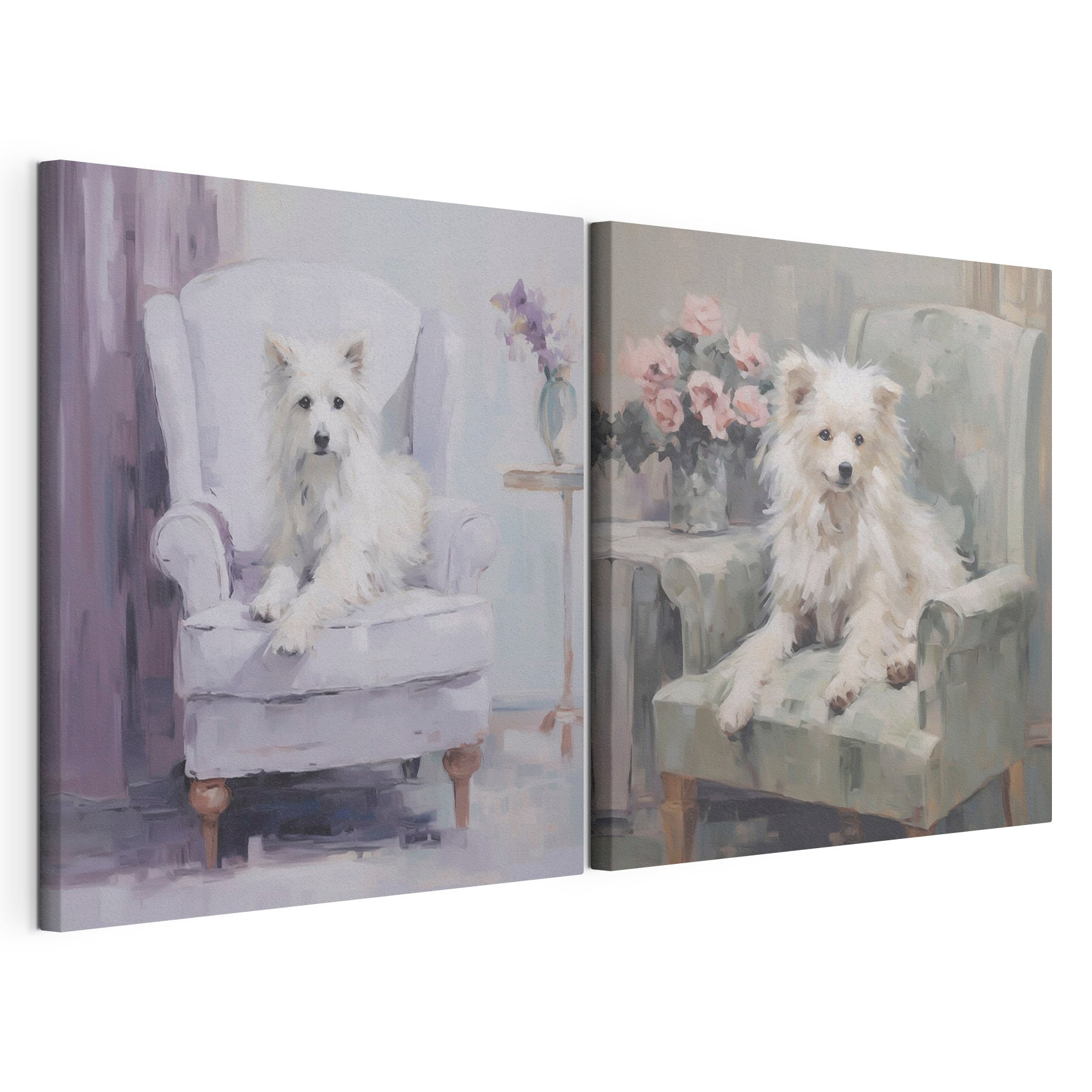Painting of a dog sitting on a chair