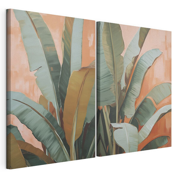 Modulaire canvasprint Levendig groene bladeren tegen een warme achtergrond