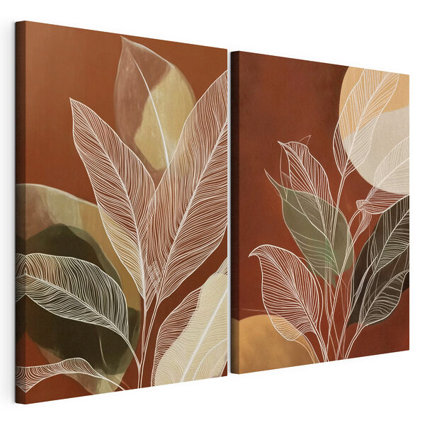 Modulaire canvasprint Schilderij van bladeren en cirkels