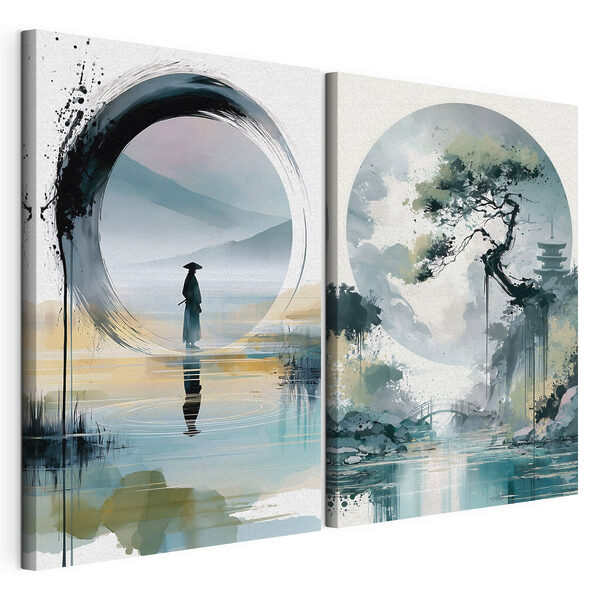 Modulaire canvasprint Schilderij van een man die in het water staat en een boom