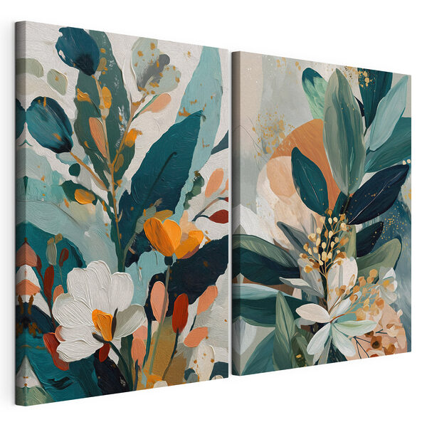 Modulaire canvasprint Schilderij van bloemen en bladeren