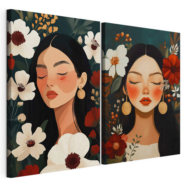 Modulaire canvasprint Dromerige gezichten te midden van kleurrijke bloemen