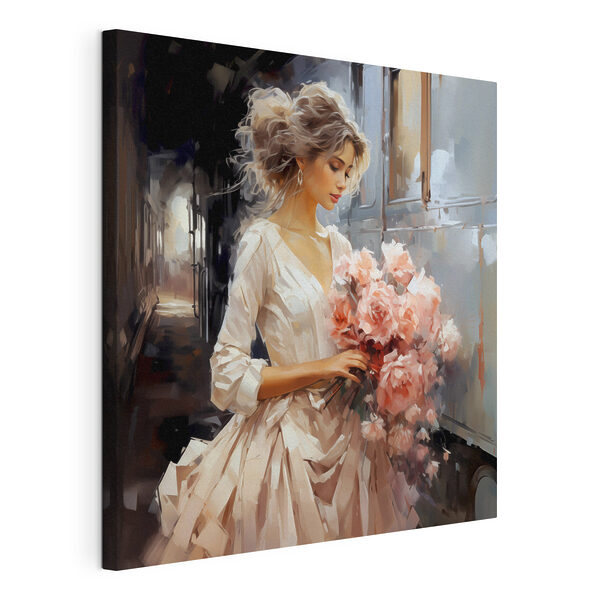 Een vrouw met bloemen in een trein Canvas Schilderijen Een vrouw met bloemen in een trein