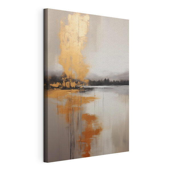 Painting of a lake with trees and fog