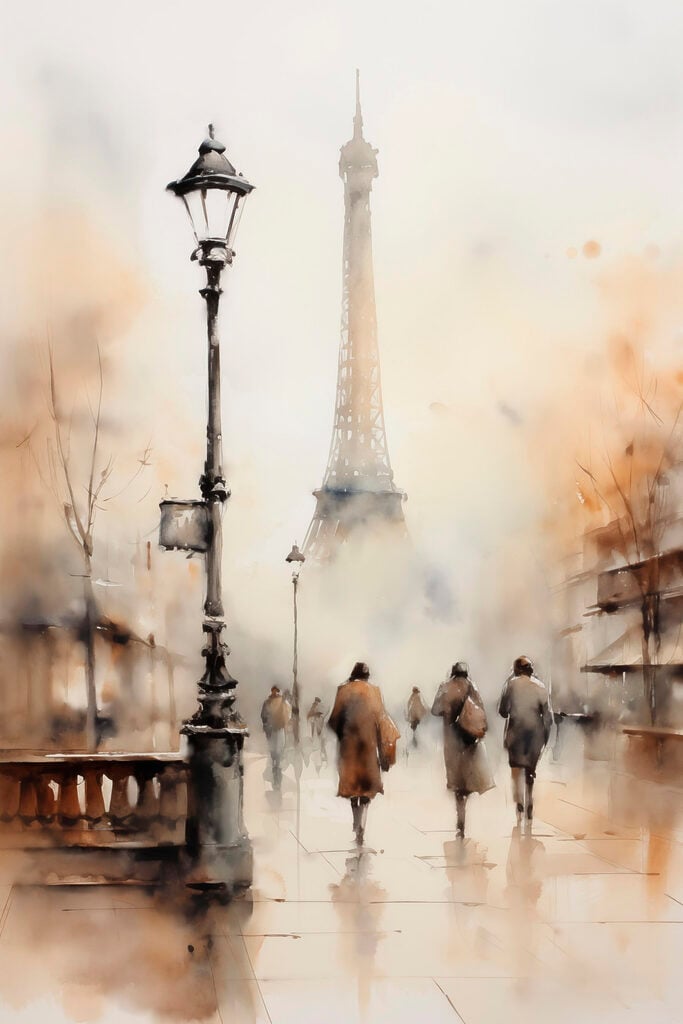 Watercolor of people walking on a sidewalk