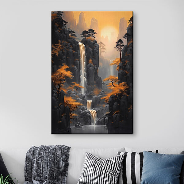 Canvas Schilderijen Waterval in een rotsachtig gebied