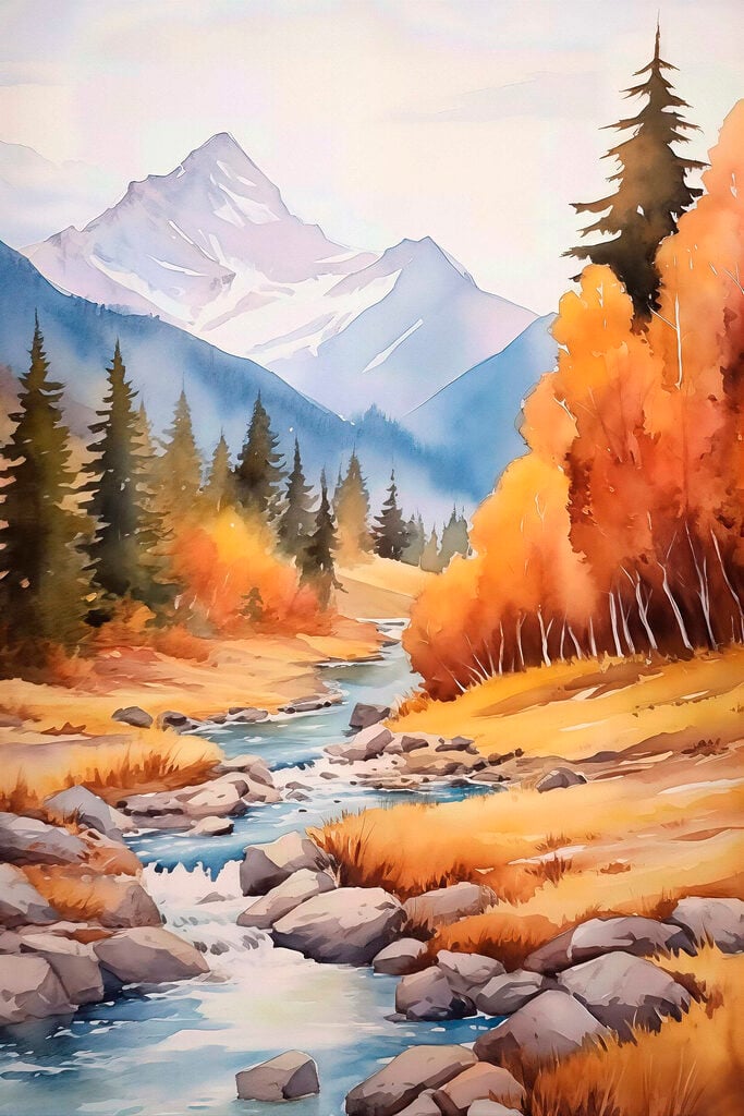 Watercolor painting of a river running through a forest
