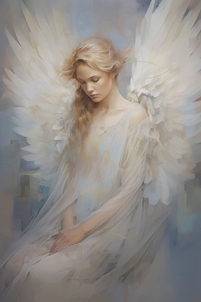 Woman in a white dress with wings