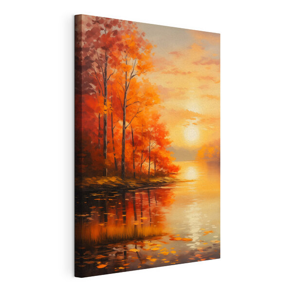 Painting of a lake with trees and orange leaves