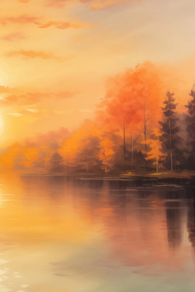 Watercolor painting of trees and a lake