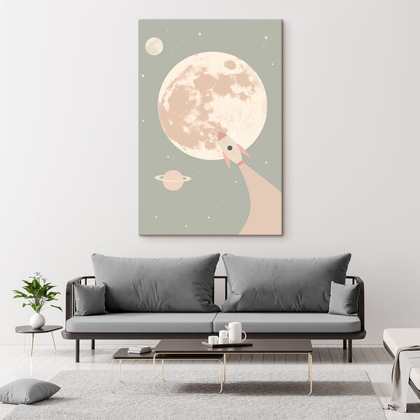 Canvas Schilderijen Raket die over de maan vliegt