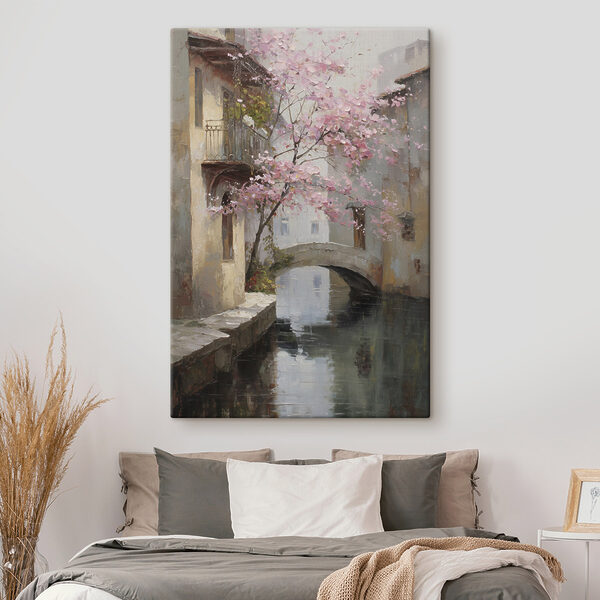 Canvas Schilderijen Schilderij van een rivier met een roze boom en een brug
