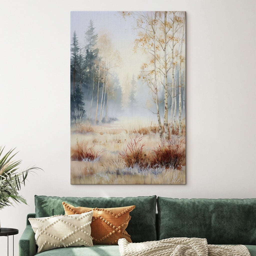 Painting of a forest with trees and fog