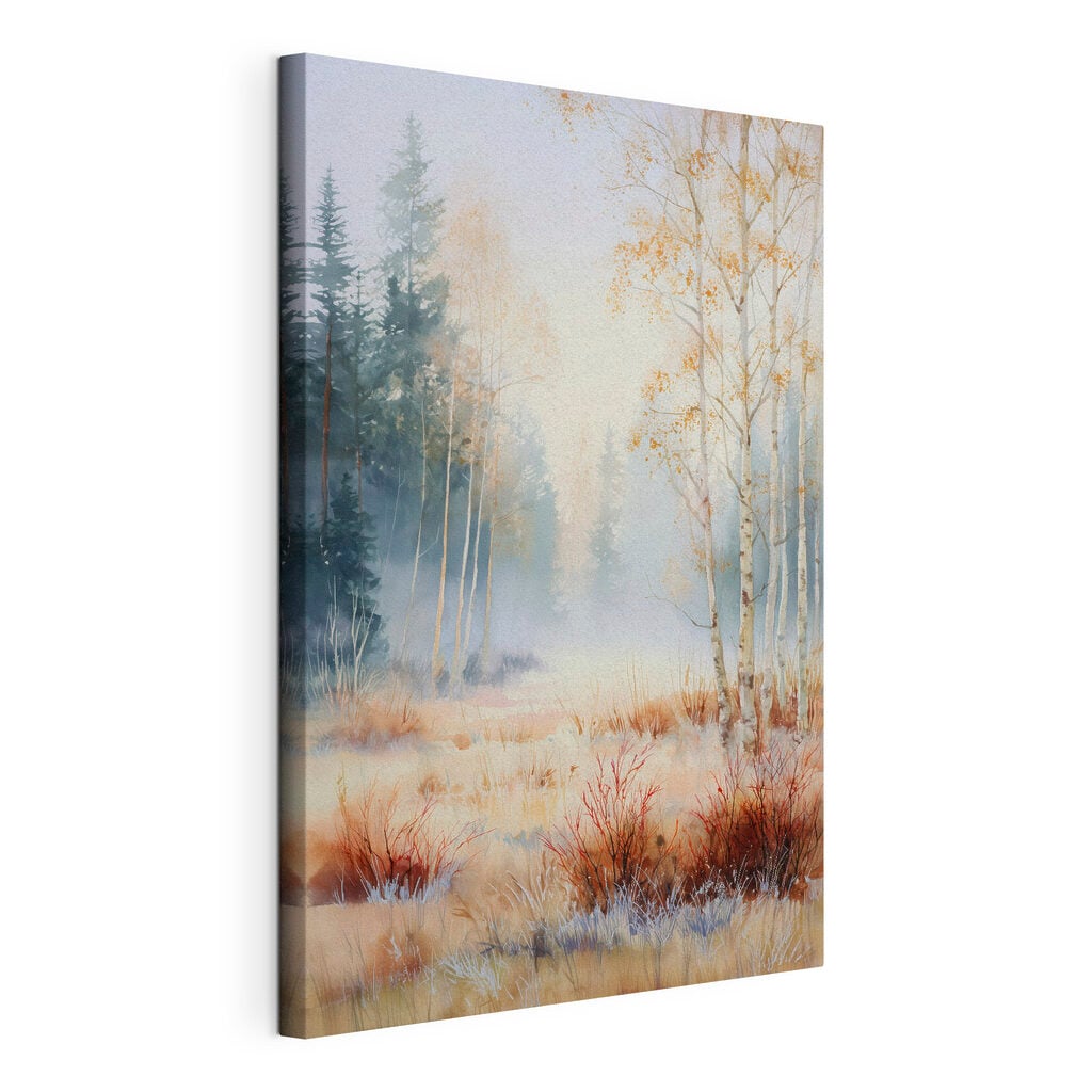 Painting of a forest with trees and fog