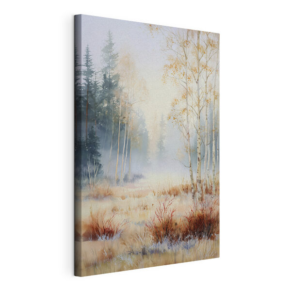 Painting of a forest with trees and fog