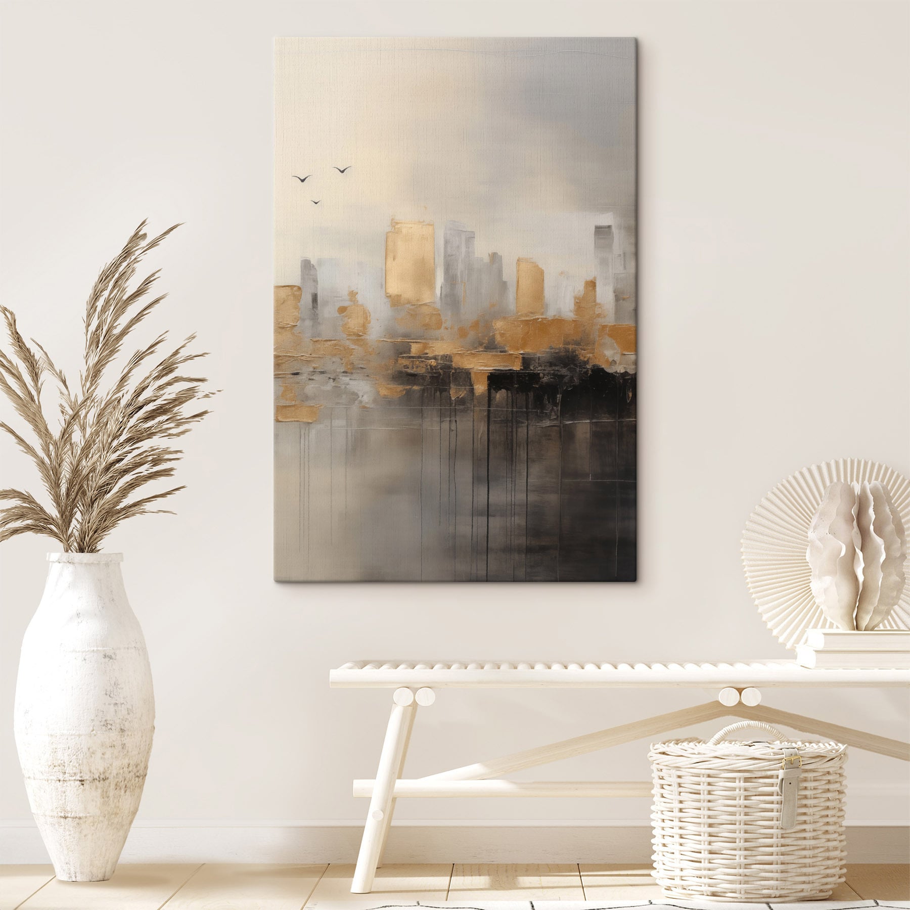 Painting of a city with birds flying in the sky