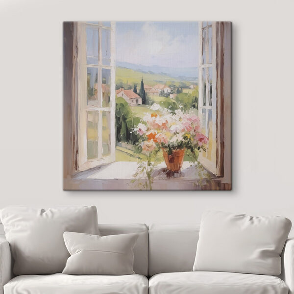 Painting of a window with flowers in it