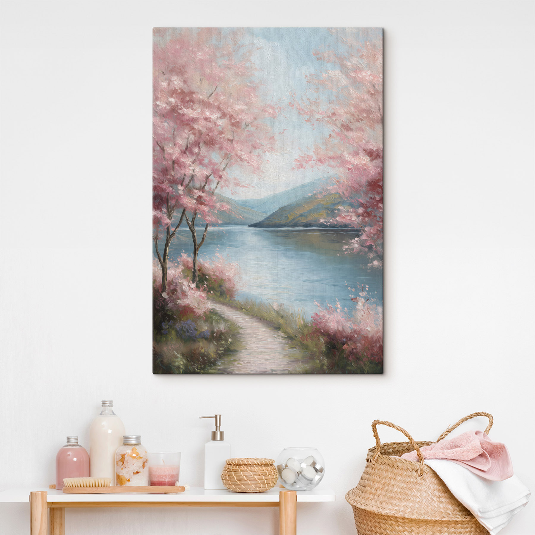 Painting of a lake with pink flowers