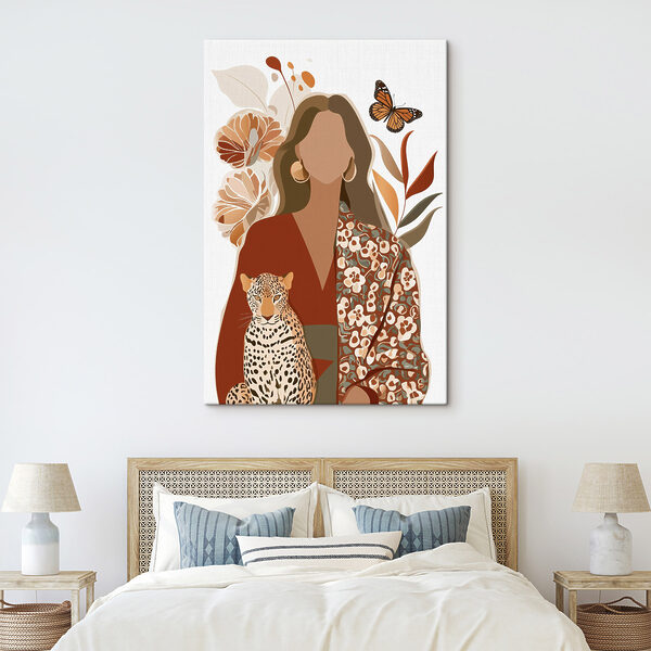 Woman with a leopard and butterflies