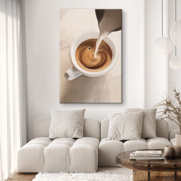 Canvas Schilderijen Een kopje koffie waarin melk wordt ingeschonken