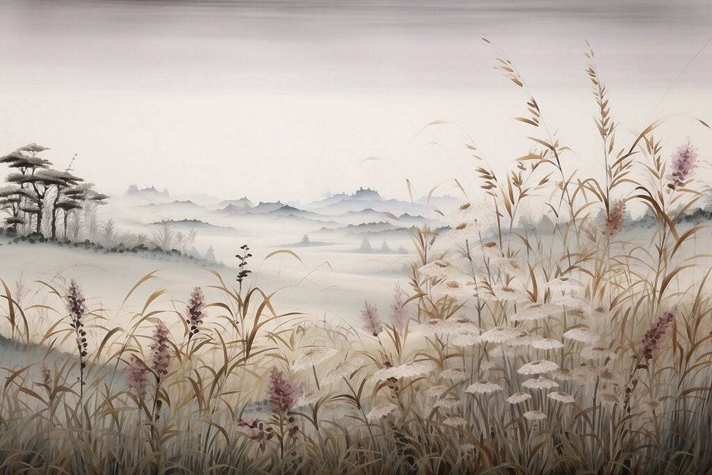 Painting of a landscape with grass and flowers