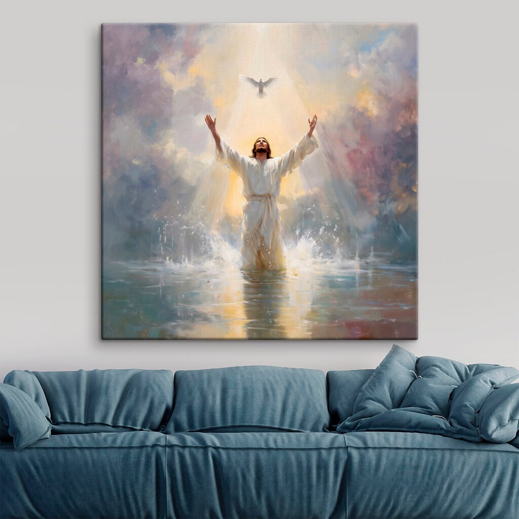 Man in white robe standing in water with arms outstretched