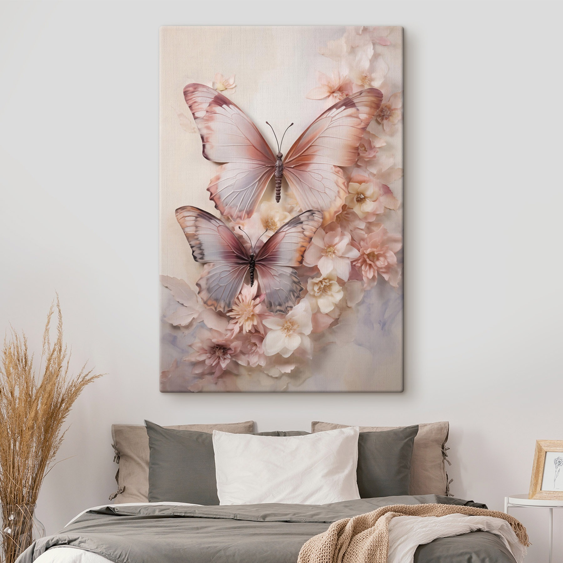 Butterflies on a wall with flowers
