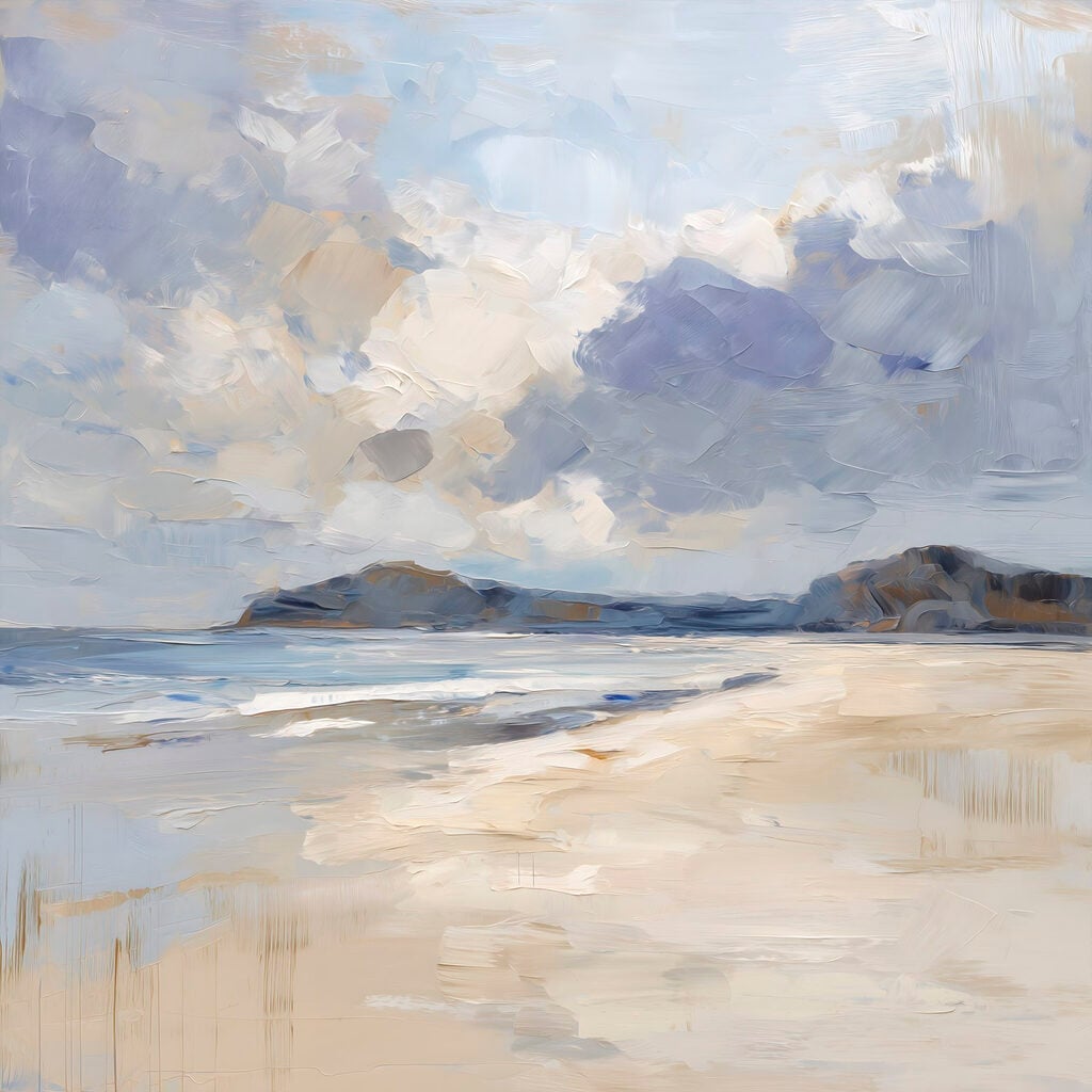 Beach with a sandy beach and mountains in the distance