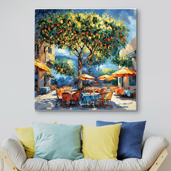 Canvas Schilderijen Canvas Schilderijen Schilderij van een sinaasappelboom met tafels en stoelen onder een sinaasappelboom (Artikelnummer: s48811)