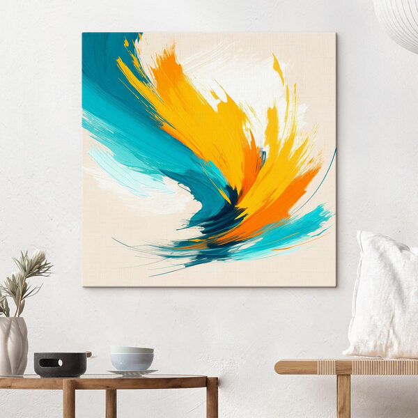 Canvas Schilderijen Blauwe en gele verfwervelingen