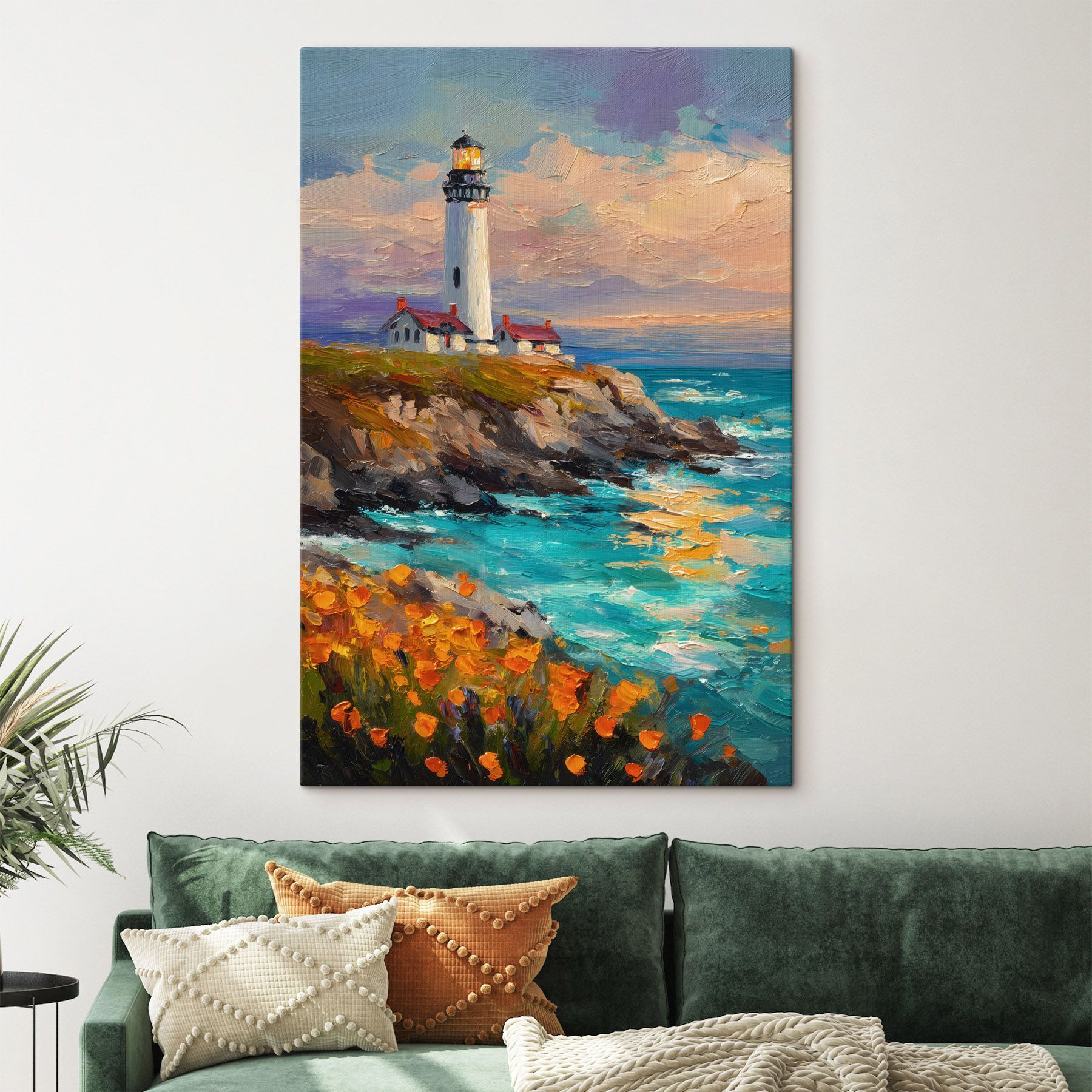 Painting of a lighthouse on a cliff by the ocean