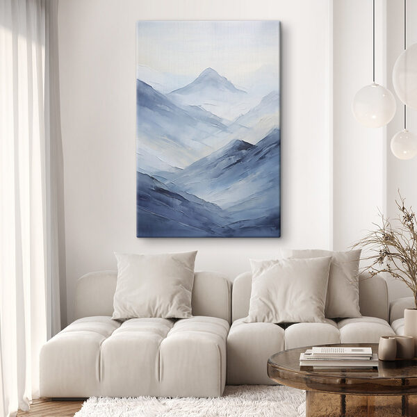 Painting of mountains in fog