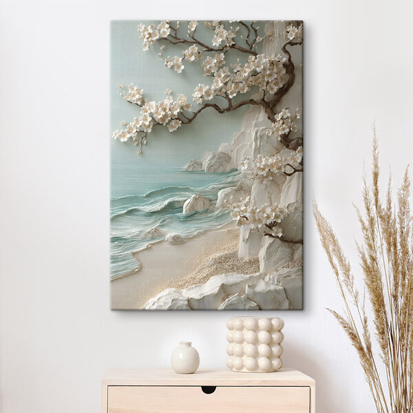 Canvas Schilderijen Canvas Schilderijen Boom met witte bloemen op een strand (Artikelnummer: s49249)