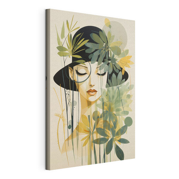 Canvas Schilderijen Canvas Schilderijen Vrouw met een zwarte hoed en groene bladeren (Artikelnummer: s50250)