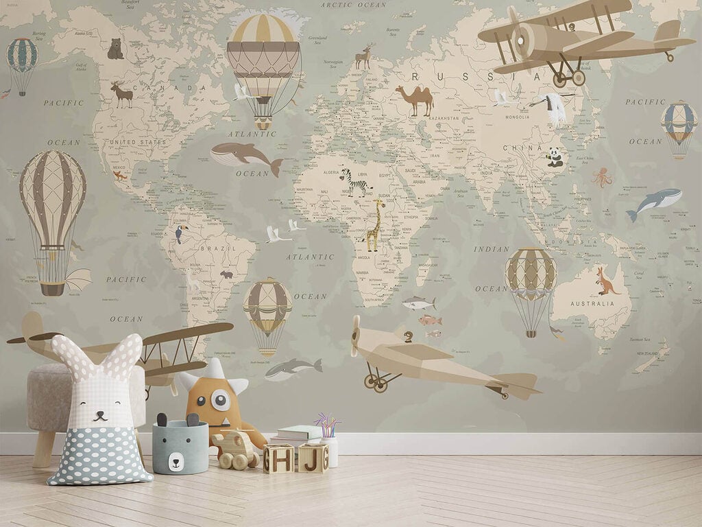 A map of the world with airplanes and hot air balloons A map of the world with airplanes and hot air balloons