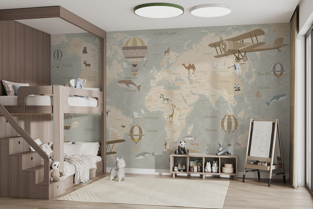 A map of the world with airplanes and hot air balloons