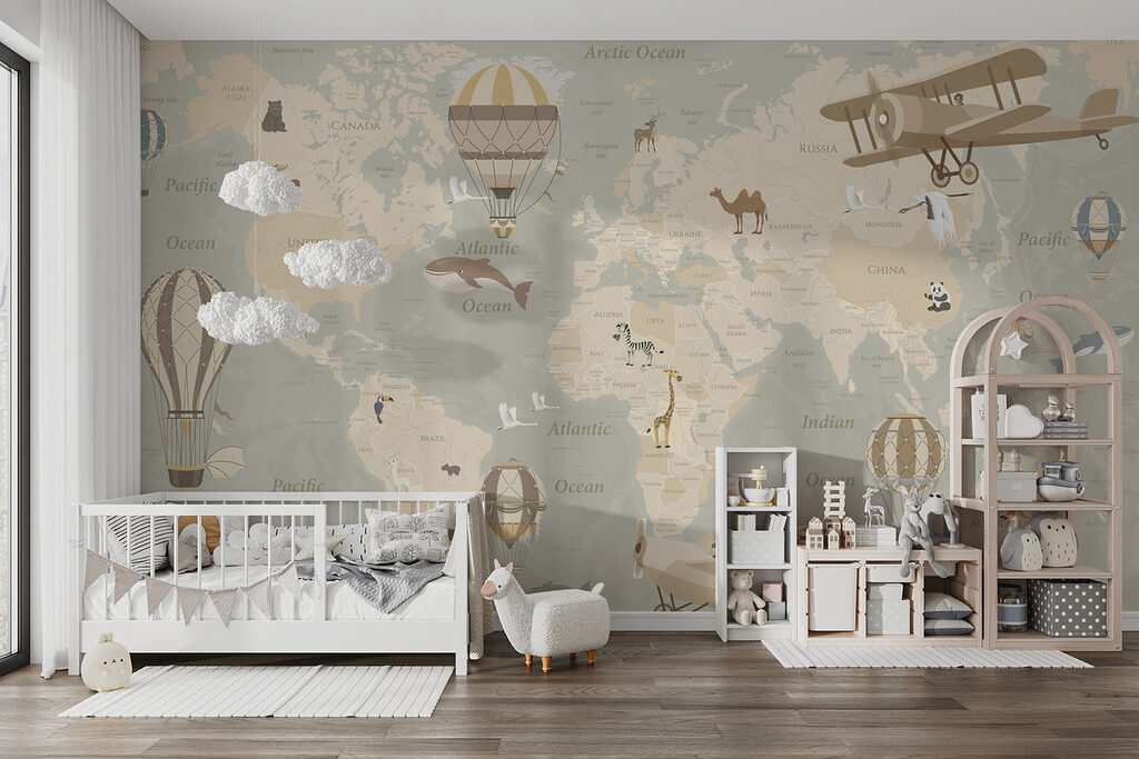 A map of the world with airplanes and hot air balloons