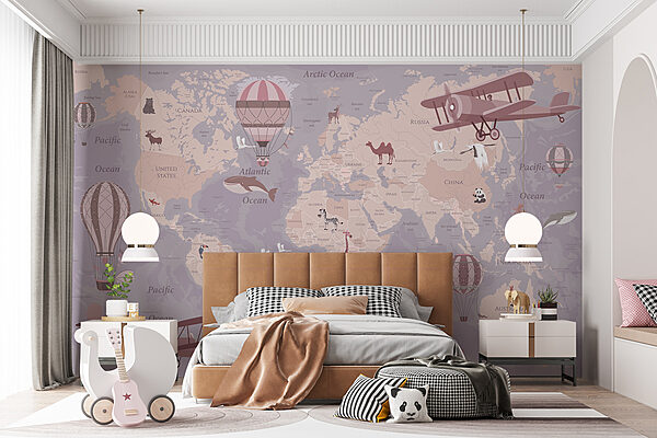 A map of the world with airplanes and hot air balloons A map of the world with airplanes and hot air balloons