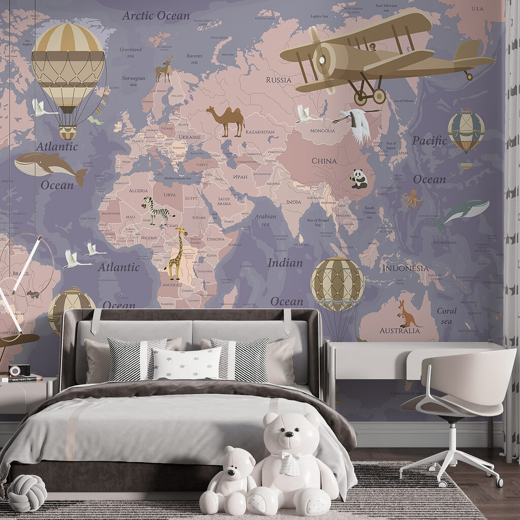 A map of the world with airplanes and hot air balloons