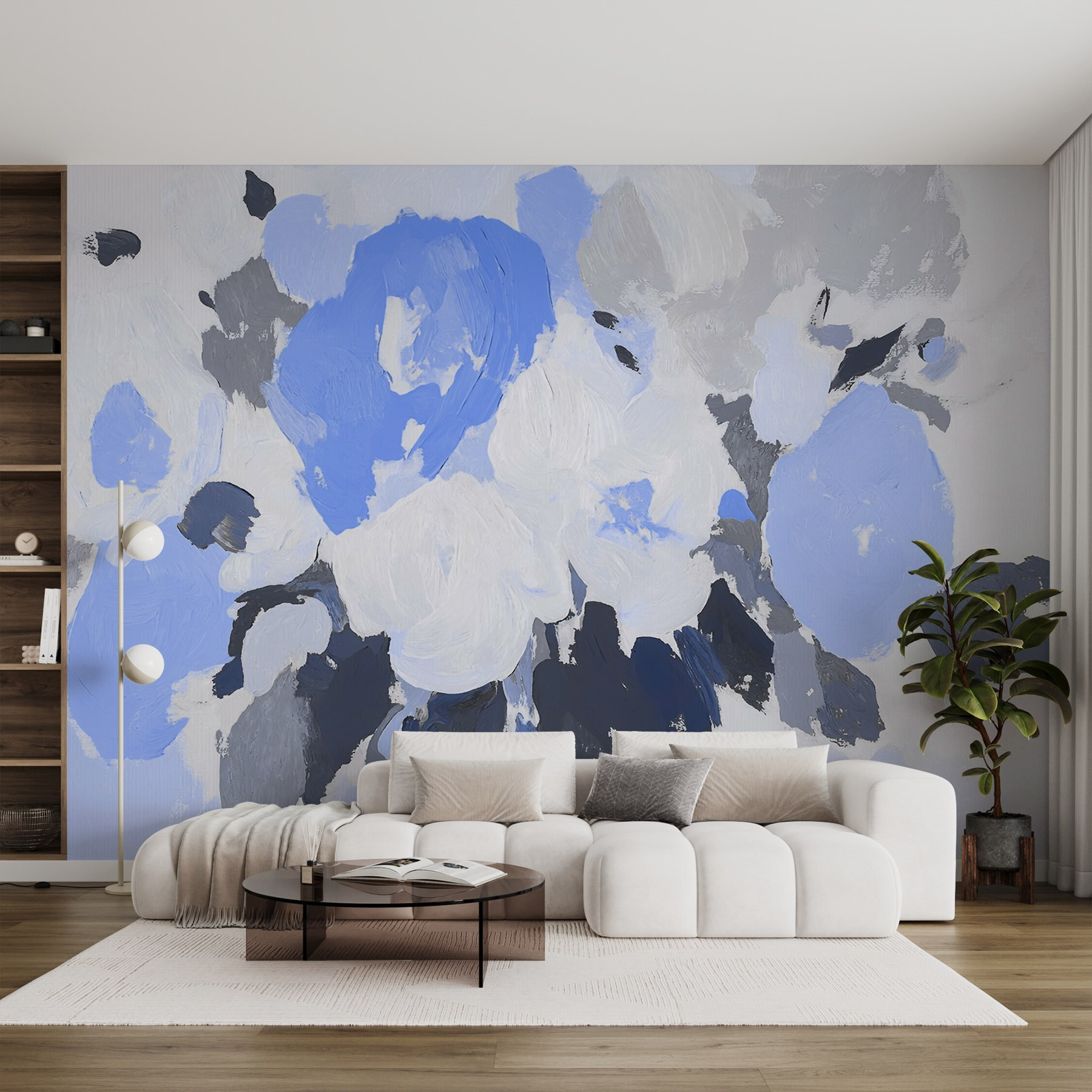 w09070v2pig1ms - Schilderij van bloemen in blauw en grijs - tegory